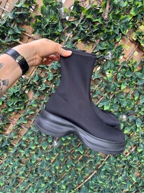 INTENTIONALLY BLANK Black Stretch Platform Ankle Boots